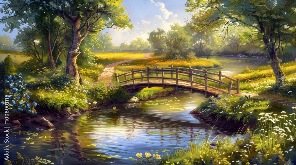 Fototapeta premium A Serene Wooden Bridge Over a Tranquil Stream