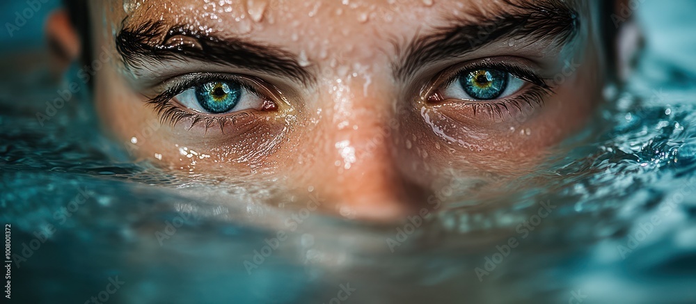 Close-up of a man's face underwater with water droplets on his skin and blue eyes looking directly at the camera. Close-up of a man's face underwater with water droplets on his skin and blue eyes looking directly at the camera.
