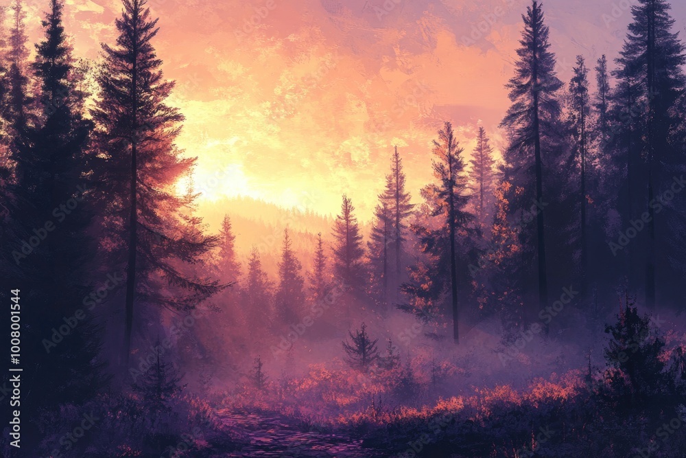 A Pathway Through a Misty Forest at Sunset A Pathway Through a Misty Forest at Sunset