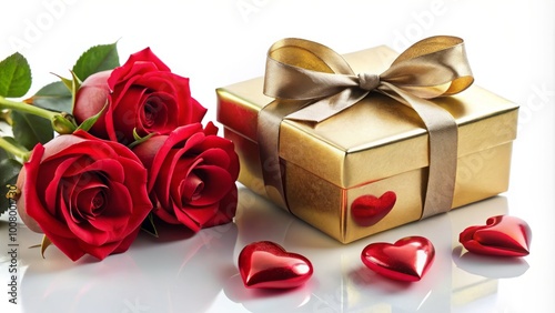 Elegant Valentine's Day Design Elements with Golden Gift Box, Red Roses, and Heart Shapes on White Background
