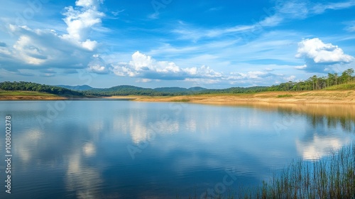 The peaceful Lam Takhong Reservoir with the reflection of the blue sky on the water.