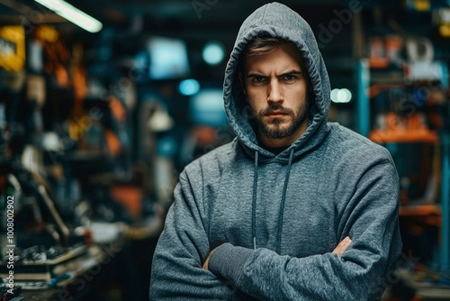 Man in Gray Hoodie with Arms Crossed Standing in a Workshop photo