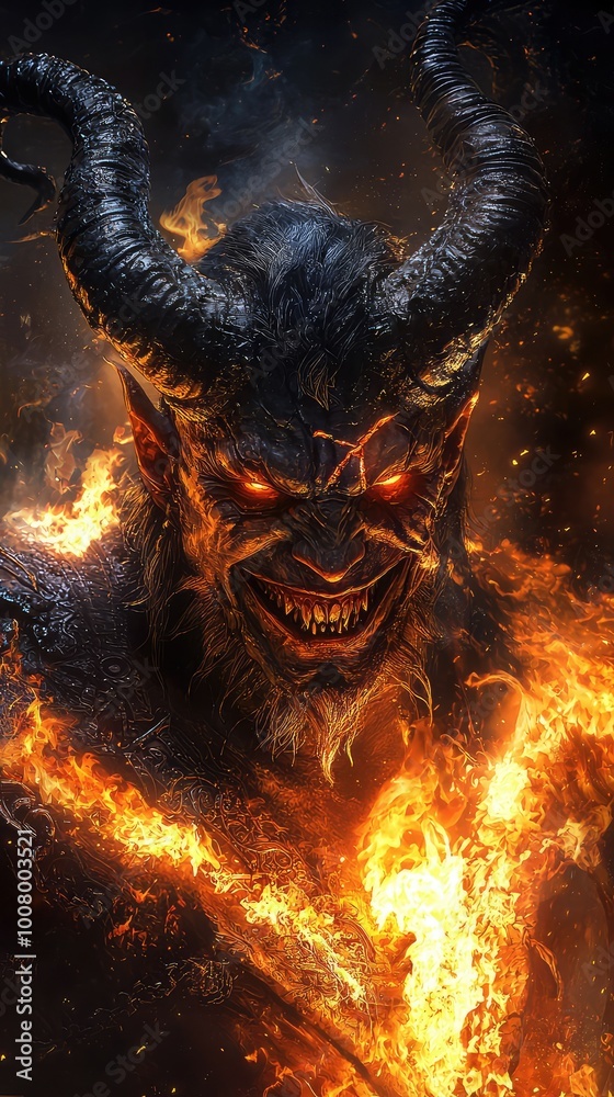 A fiery demon with horns and glowing eyes unleashing flames, embodying the essence of dark fantasy and mythical terror. A fiery demon with horns and glowing eyes unleashing flames, embodying the essence of dark fantasy and mythical terror.