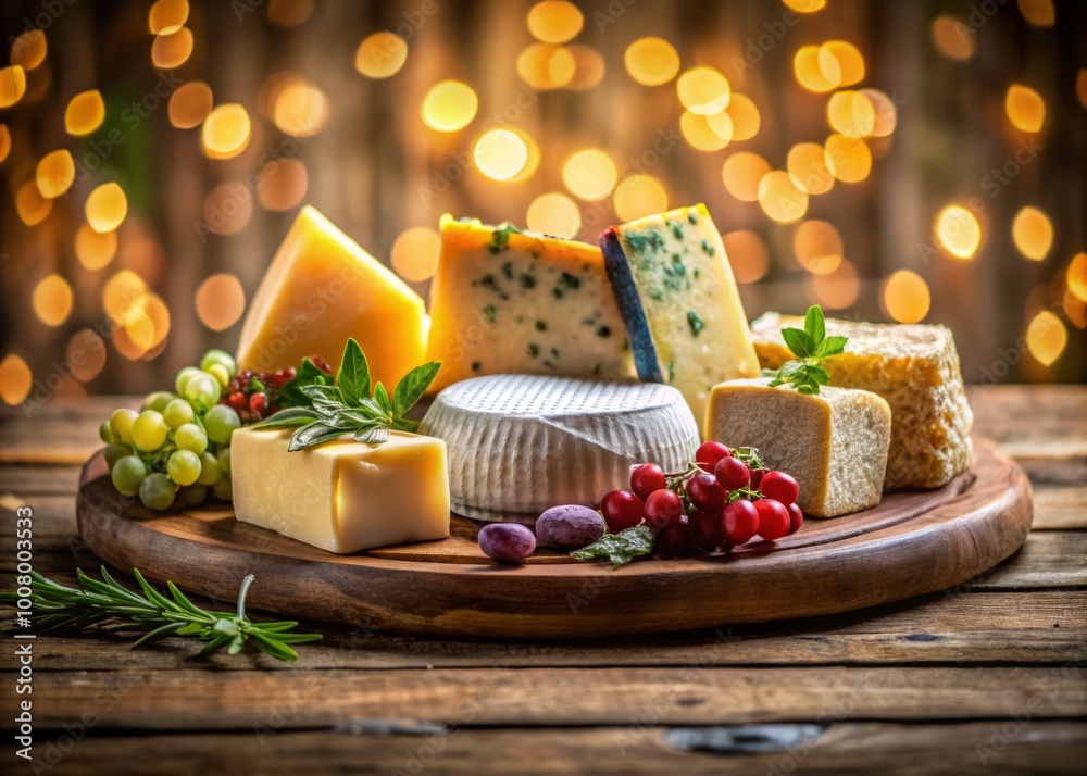 Exquisite Arrangement of Various Cheeses with Accompaniments on Rustic Wooden Board Background Exquisite Arrangement of Various Cheeses with Accompaniments on Rustic Wooden Board Background