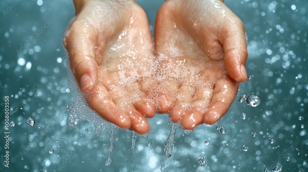 Fototapeta premium A close-up of hands under running water showing the action of washing with clear water droplets suspended midair