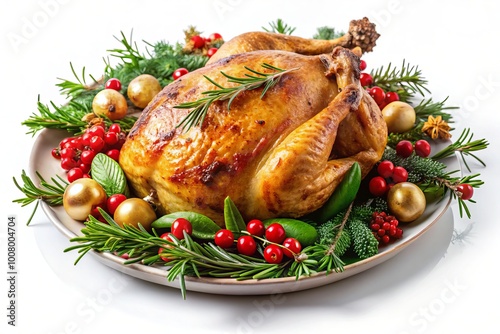 Festive Roasted Chicken or Turkey on a Dish with Fresh Herbs Isolated on a Clean White Background