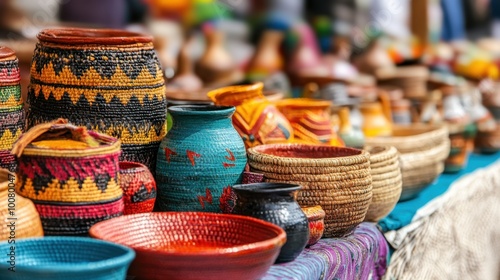 A close-up of colorful handmade crafts, such as woven baskets and pottery, displayed on a table at a bustling flea market.