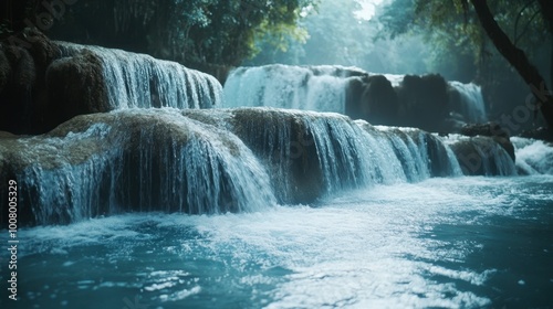 The stunning Erawan Waterfall during the rainy season, with cascading waters in full flow.