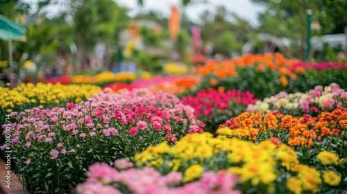 The stunning flower beds at Flora Park Wang Nam Khiao, with colorful blooms as far as the eye can see.