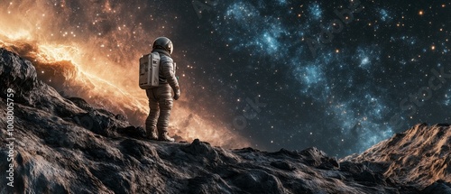 Capture the awe-inspiring moment of an astronaut standing on the moon's surface, illuminated by distant starlight, with Earth visible in the background, highlighting the vastness of space 