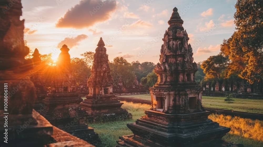 Naklejka premium The stunning sandstone sculptures of Phanom Rung Historical Park during sunset.