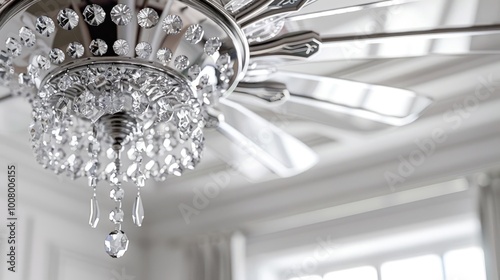 A stunning chandelier fan with crystal blades and a luxurious design, hanging majestically from a white ceiling against a pure white background