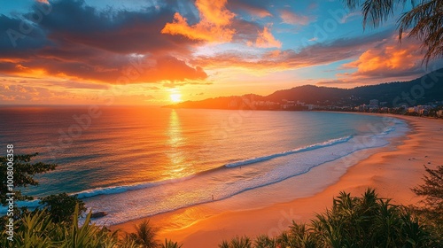 The stunning view of Patong Beach at sunset, with golden sands and vibrant nightlife in the background.