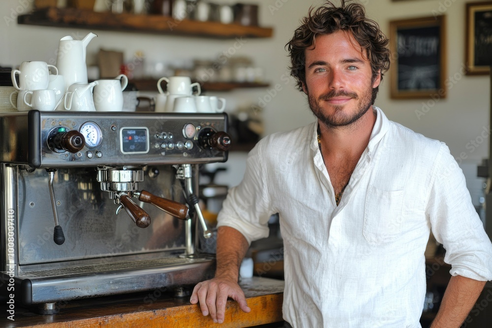 Man in White Shirt Leaning on a Coffee Machine Man in White Shirt Leaning on a Coffee Machine