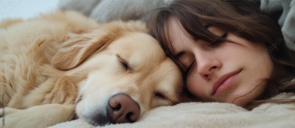 A young woman and her golden retriever dog sleep soundly in a bed, their faces close together. A young woman and her golden retriever dog sleep soundly in a bed, their faces close together.