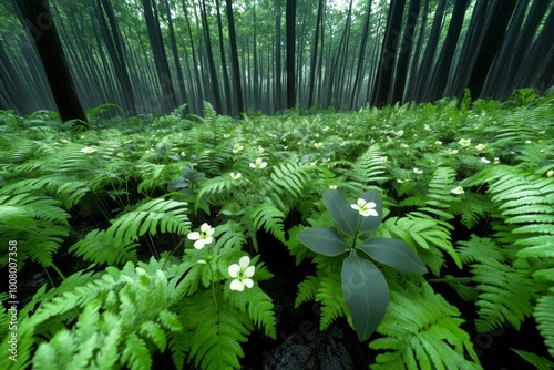 Fototapeta Naklejka Na Ścianę i Meble -  3D-rendered forest floor filled with lush green ferns and small wildflowers, where each plant moves naturally in the wind in a fully animated digital environment