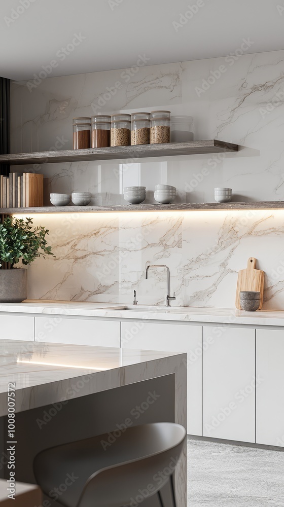A modern kitchen featuring stylish cabinetry, sleek countertops, and open shelving with neatly arranged jars and plants for decor. A modern kitchen featuring stylish cabinetry, sleek countertops, and open shelving with neatly arranged jars and plants for decor.