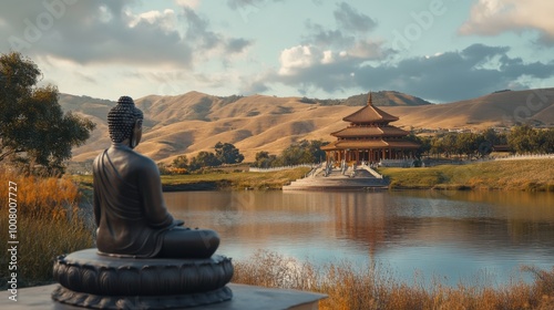 The tranquil setting of the Sikhio Buddha Footprint Temple, surrounded by rolling hills. photo