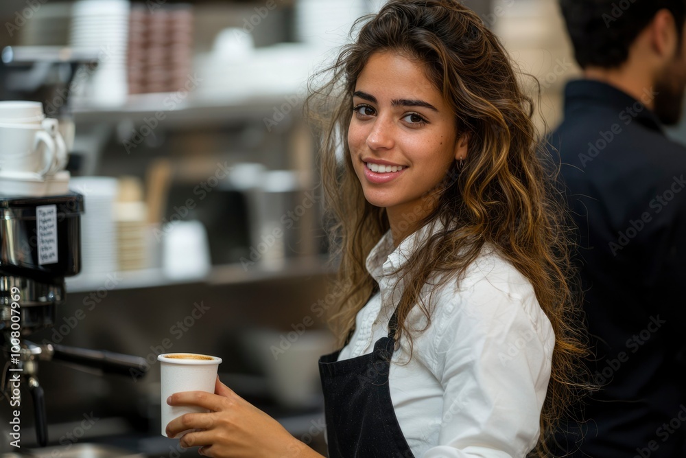 Young woman in white shirt and apron holds a coffee cup Young woman in white shirt and apron holds a coffee cup