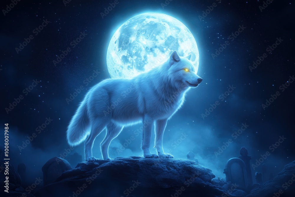 Obraz premium White Wolf Under Moonlight: A majestic white wolf stands tall on a rocky ledge, illuminated by a radiant full moon, its glowing eyes reflecting the celestial light.