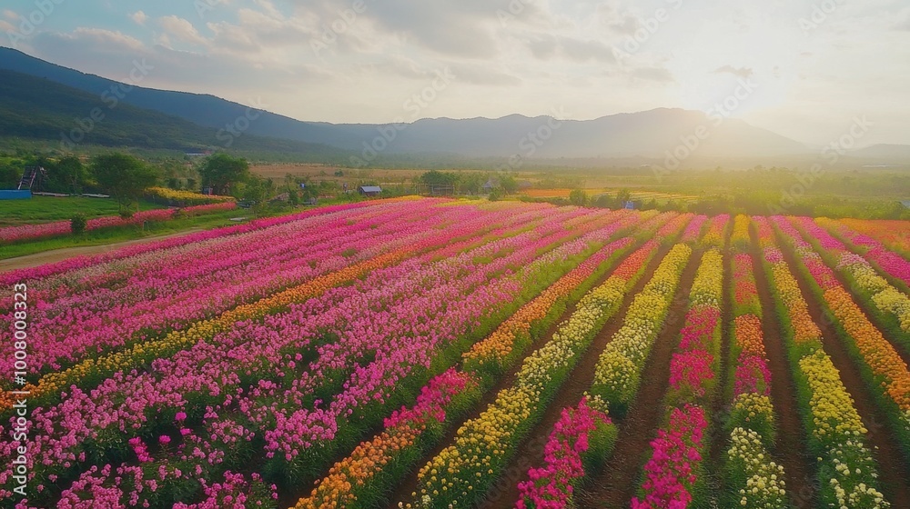 Obraz premium The vibrant flower fields at Flora Park Wang Nam Khiao in full bloom, with bright hues of pink and yellow.
