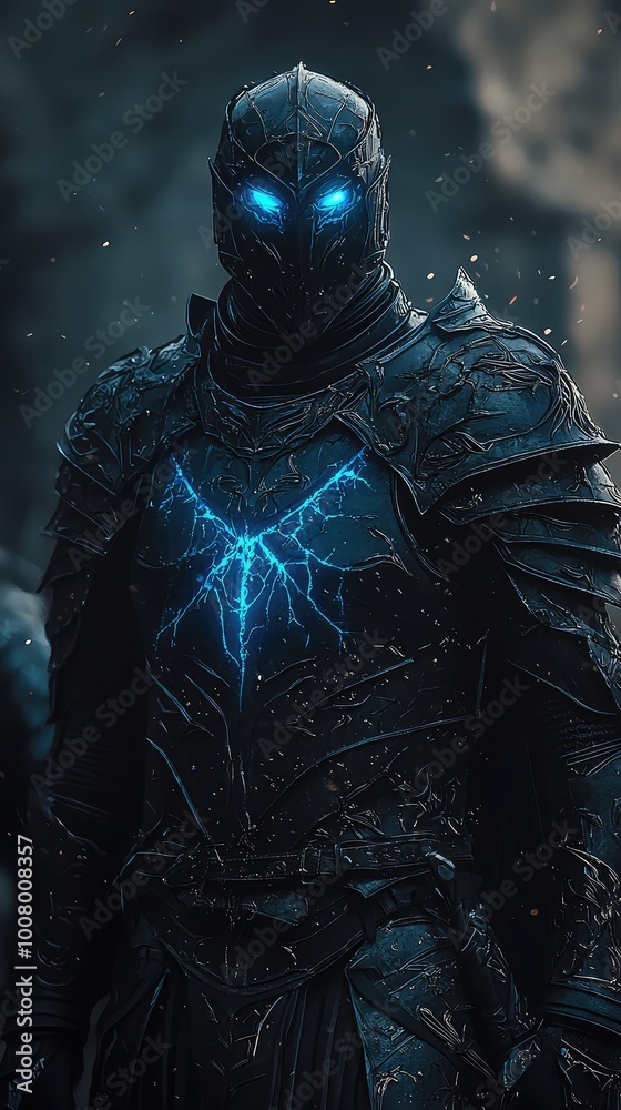 A mysterious armored figure with glowing blue eyes, exuding a chilling presence amid a dark, enigmatic atmosphere. A mysterious armored figure with glowing blue eyes, exuding a chilling presence amid a dark, enigmatic atmosphere.