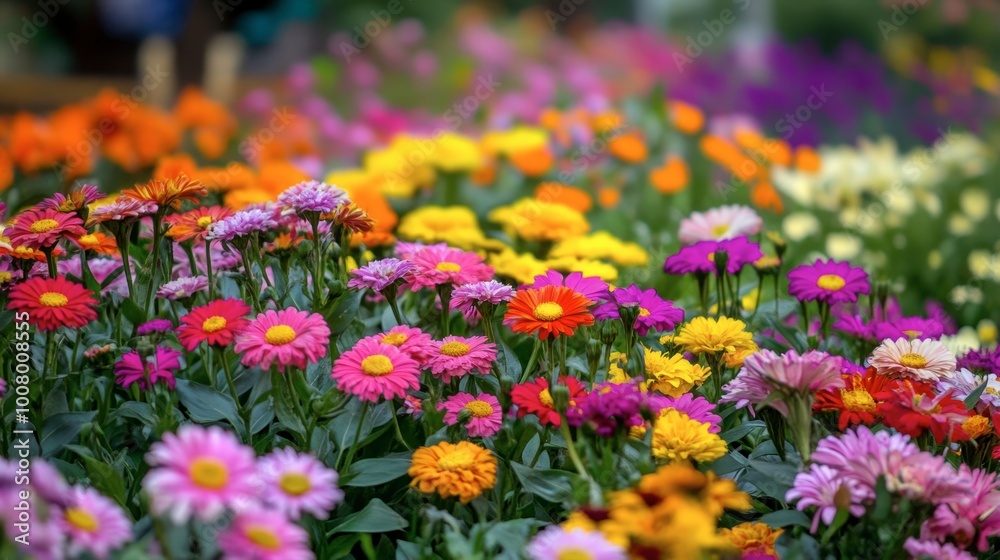 The vibrant flower fields at Flora Park Wang Nam Khiao in full bloom, with bright hues of pink and yellow. The vibrant flower fields at Flora Park Wang Nam Khiao in full bloom, with bright hues of pink and yellow.