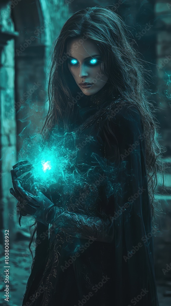 Obraz premium A mysterious figure with glowing eyes holds a magical orb, set against a dark, enchanted background.