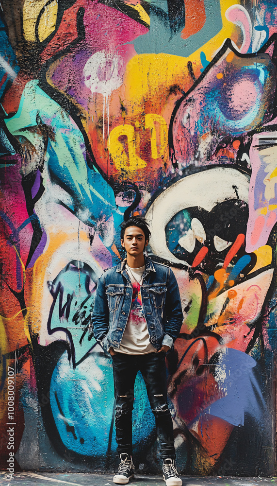 Fototapeta premium Position the model in front of colorful, expressive graffiti walls, using the urban art as part of the visual storytelling