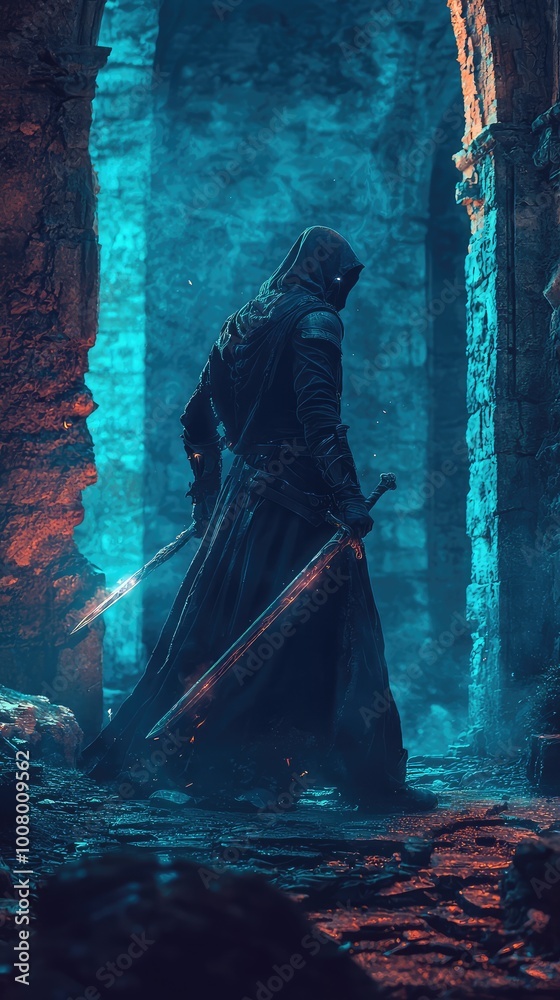 A mysterious warrior shrouded in shadows, wielding two swords in a haunting, atmospheric setting of ancient ruins. A mysterious warrior shrouded in shadows, wielding two swords in a haunting, atmospheric setting of ancient ruins.