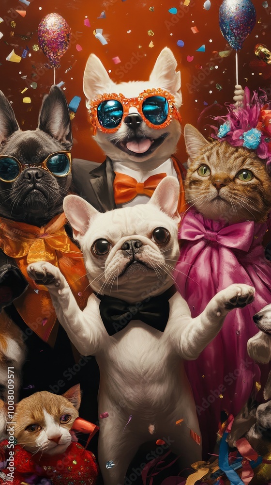 Celebrate Dress Up Your Pet Day with an adorable and lively scene featuring pets of all kinds--dogs, cats, and more--dressed in playful costumes, from tiny tuxedos to colorful tutus