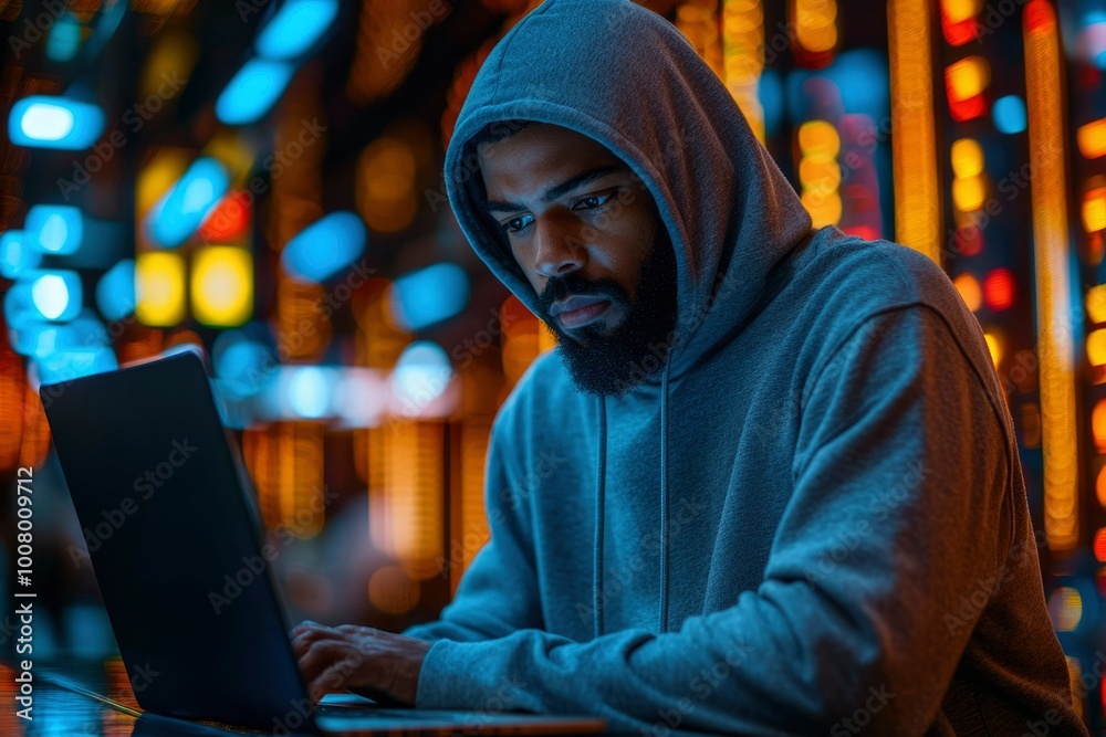 Man in a Hoodie Using a Laptop in a City at Night Man in a Hoodie Using a Laptop in a City at Night