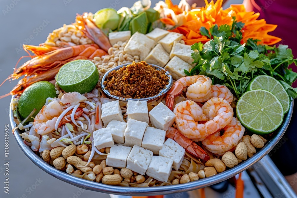 A colorful array of Pad Thai ingredients spread on a vendor’s cart, including tamarind paste, peanuts, limes, shrimp, tofu, and fresh herbs, ready to be stir-fried A colorful array of Pad Thai ingredients spread on a vendor’s cart, including tamarind paste, peanuts, limes, shrimp, tofu, and fresh herbs, ready to be stir-fried