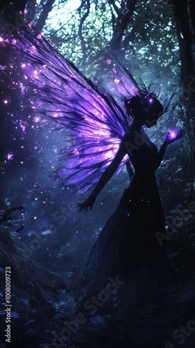 A mystical fairy with purple wings captures the essence of magic in an enchanting forest glow. photo