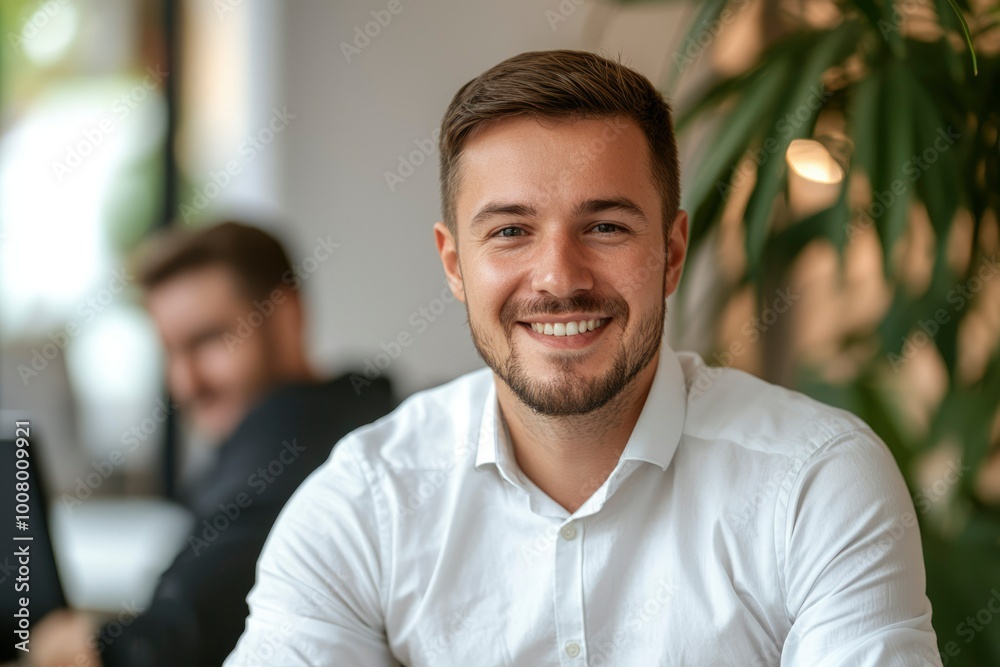 Obraz premium A smiling man in a white shirt looks directly at the camera