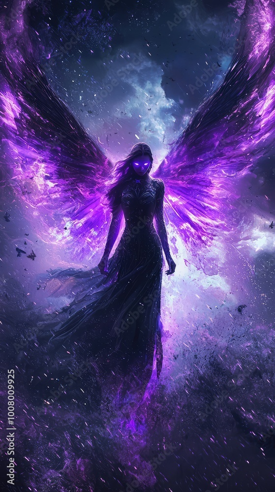 A mystical figure with vibrant purple wings stands against a cosmic background, embodying ethereal beauty and power. A mystical figure with vibrant purple wings stands against a cosmic background, embodying ethereal beauty and power.