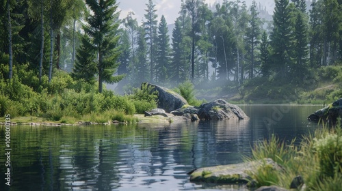 Serene Forest Lake with Misty Morning