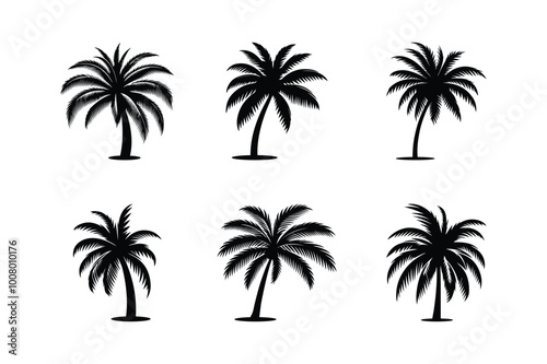 Black palm trees icon set isolated on white background. Coconut palm tree icon simple style.