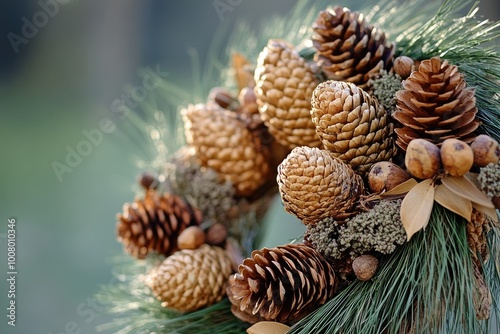 Close-up of a Pine Cone Wreath with Green Needles