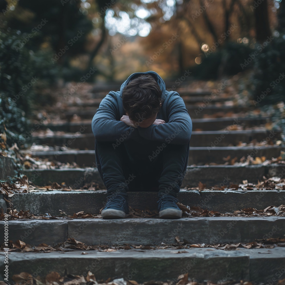 Depressed teenager feeling sad and lonely sitting on stairs in the park Depressed teenager feeling sad and lonely sitting on stairs in the park