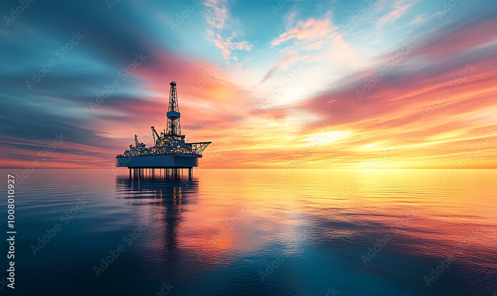 Obraz premium Oil Rig at Sunset on the Ocean