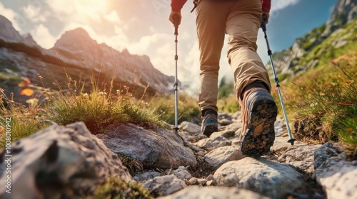 A hiker navigating a rocky terrain, using trekking poles for balance, with a dramatic mountain backdrop, emphasizing the challenges and rewards of hiking. photo