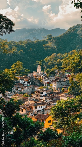 A picturesque view of a village nestled in lush green mountains under a cloudy sky, showcasing vibrant buildings and scenic nature. photo