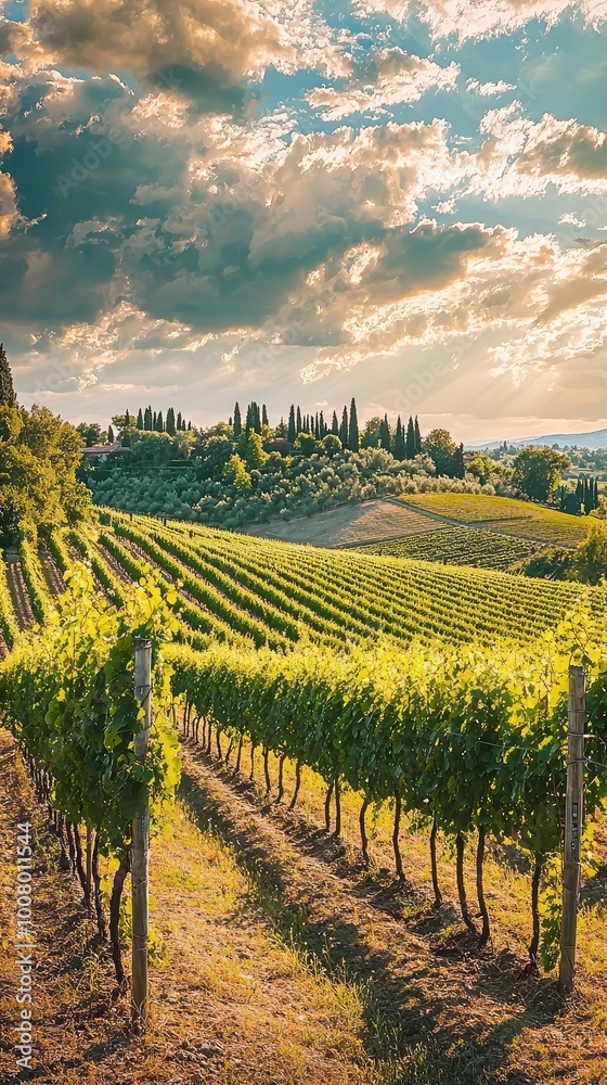 Fototapeta premium A picturesque vineyard landscape with lush green vines under a dramatic sky, showcasing the beauty of nature and winemaking.