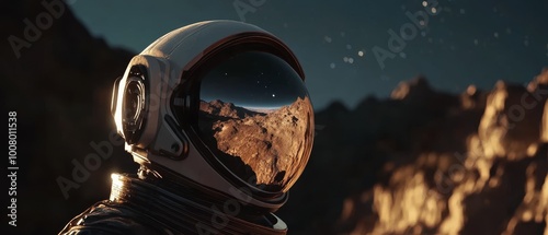 Depict a realistic image of an astronaut exploring the surface of a distant planet, with a reflective helmet capturing the vast, starry cosmos, and the rugged terrain beneath them