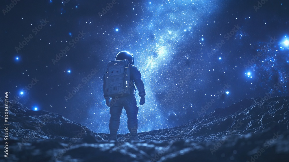 Capture a breathtaking scene of an astronaut standing on the surface of an alien planet, with a vast starry sky and distant galaxies in the background, reflecting the awe and wonder of space 