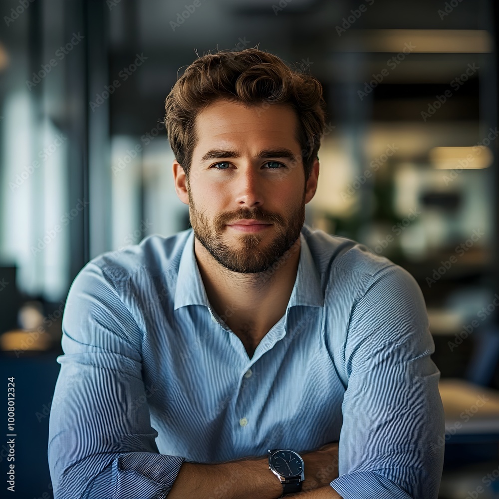 Naklejka premium Confident Male Financial Analyst with Thoughtful Expression Looking at in Office Environment