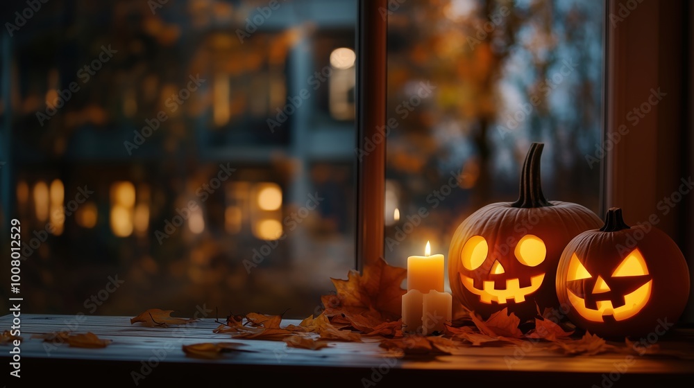Fototapeta premium Glowing Halloween pumpkins and flickering candles on a rustic wooden table in front of a window with autumn leaves at night. This atmospheric scene creates the perfect Halloween ambiance with warm lig
