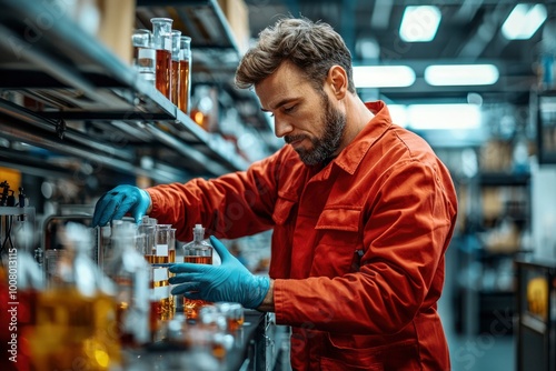 Man in Red Workwear Examining Chemical Samples in a Laboratory