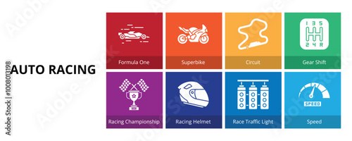 Auto Racing Glyph Solid Banner Web Icon Set Vector Illustration, Formula One Superbike Circuit Gear Shift Championship Racing Helmet Race Traffic Light Speed